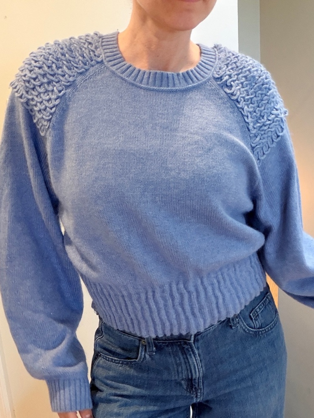 Light Blue Women's Crew Neck Knit Sweater with Textured Shoulder